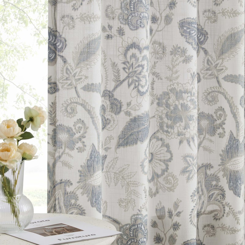 Kayne Studio Backtab Rod Pocket Jacobean Floral Semi Sheer Curtains Boho Botanical Leaf Printed Vintage Farmhouse Blue Grey Light Filtering Window Treatment Sets Living Room Bedroom,52"x84",2 Panels - Image 1