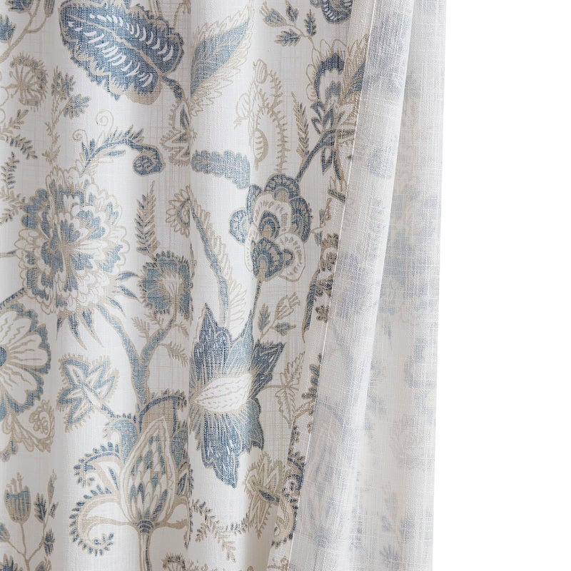 Kayne Studio Backtab Rod Pocket Jacobean Floral Semi Sheer Curtains Boho Botanical Leaf Printed Vintage Farmhouse Blue Grey Light Filtering Window Treatment Sets Living Room Bedroom,52"x84",2 Panels - Image 3