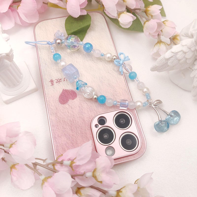 cioatu Phone Charms Cute Cherry Butterfly Cell Phone Lanyard Strap Wrist Strap for Bag Airpods Camera Pendants Decor (Cherry Blue) - Image 3