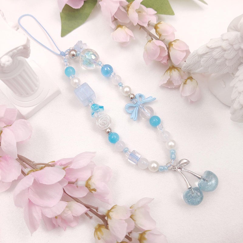 cioatu Phone Charms Cute Cherry Butterfly Cell Phone Lanyard Strap Wrist Strap for Bag Airpods Camera Pendants Decor (Cherry Blue) - Image 1