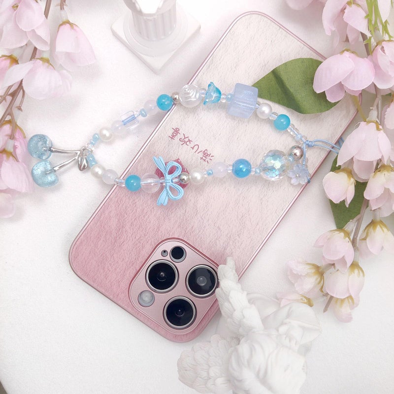 cioatu Phone Charms Cute Cherry Butterfly Cell Phone Lanyard Strap Wrist Strap for Bag Airpods Camera Pendants Decor (Cherry Blue) - Image 4