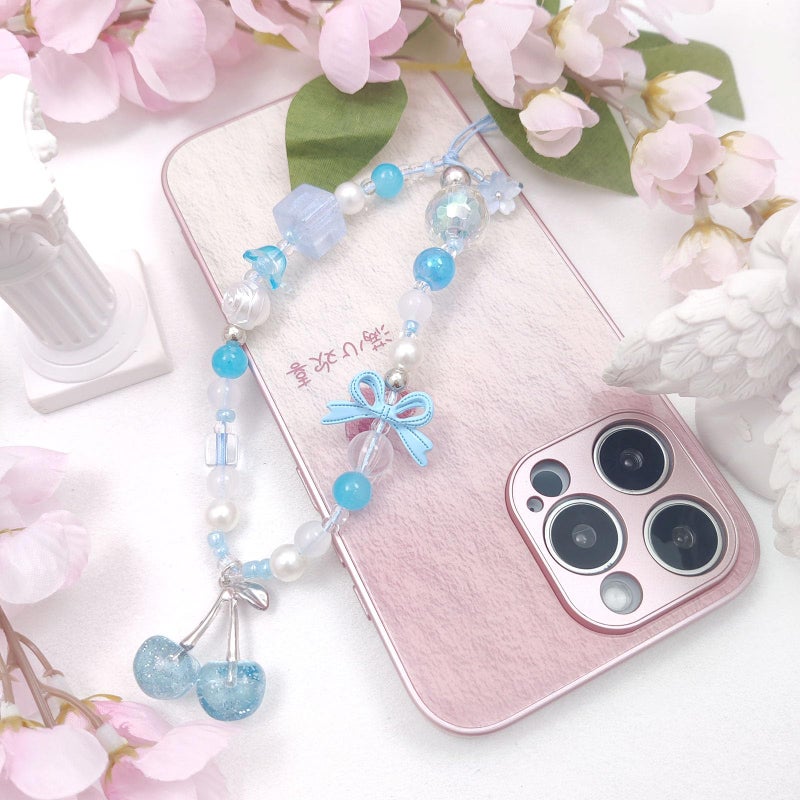 cioatu Phone Charms Cute Cherry Butterfly Cell Phone Lanyard Strap Wrist Strap for Bag Airpods Camera Pendants Decor (Cherry Blue) - Image 2