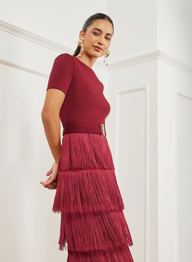 Styli Burgundy Fringe Trim Tiered Midi Dress - Image 3