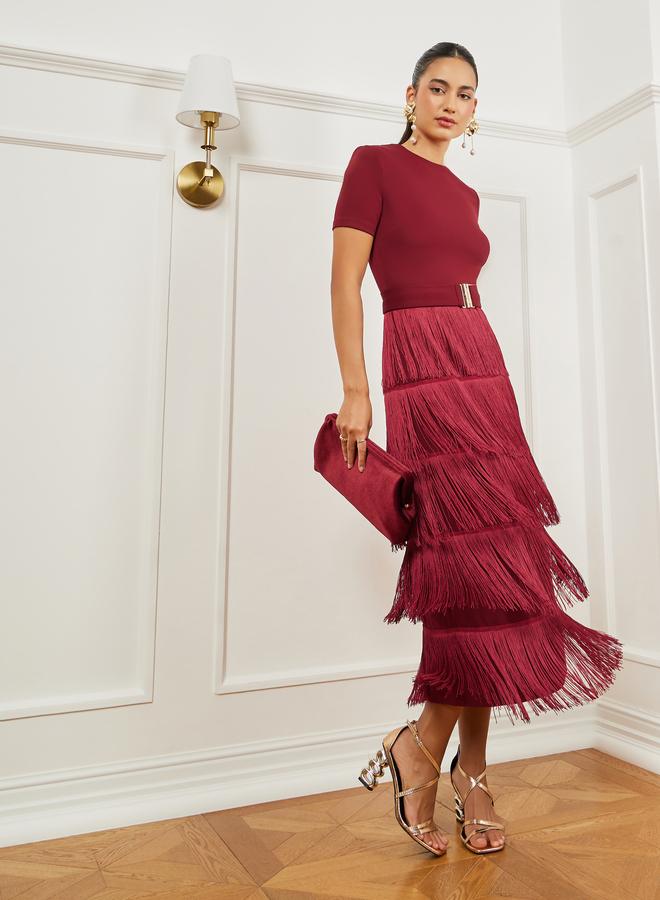 Styli Burgundy Fringe Trim Tiered Midi Dress - Image 1