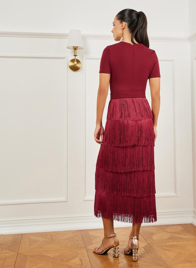 Styli Burgundy Fringe Trim Tiered Midi Dress - Image 5