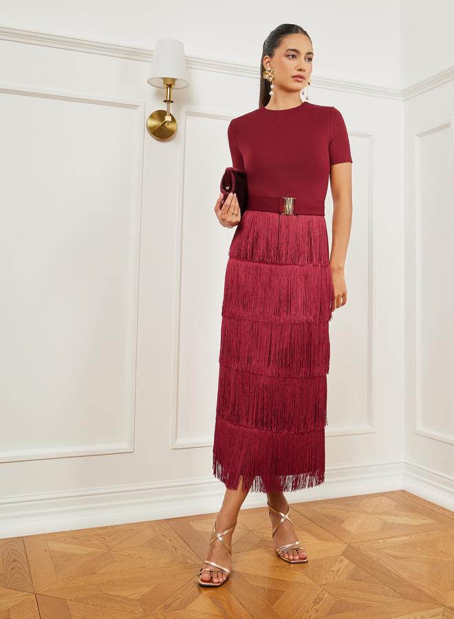 Styli Burgundy Fringe Trim Tiered Midi Dress - Image 2