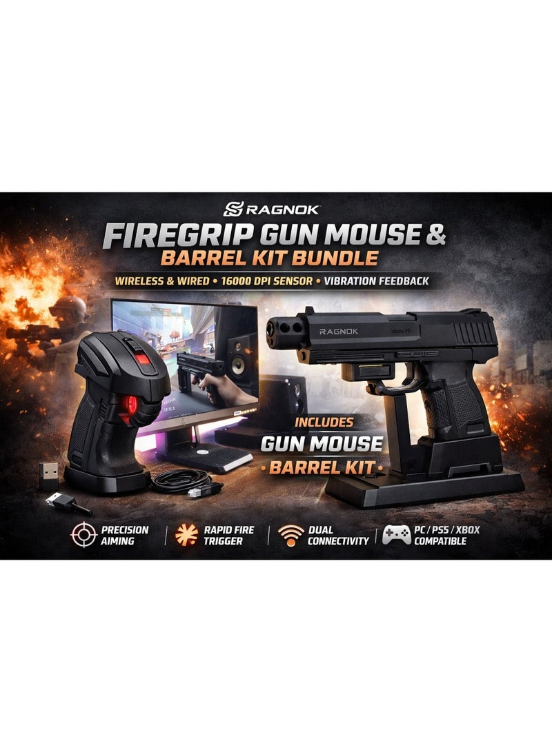 راجنوك ماوس Ragnok FireGrip Gun لألعاب إطلاق النار - دقة 16000 نقطة في البوصة، سلكي ولاسلكي بتردد 2.4 جيجاهرتز، مزود بخاصية الاهتزاز ومجموعة ملحقات عرض FireGrip لماوس Ragnok FireGrip - مجموعة أدوات مكتبية خفيفة الوزن - Image 1