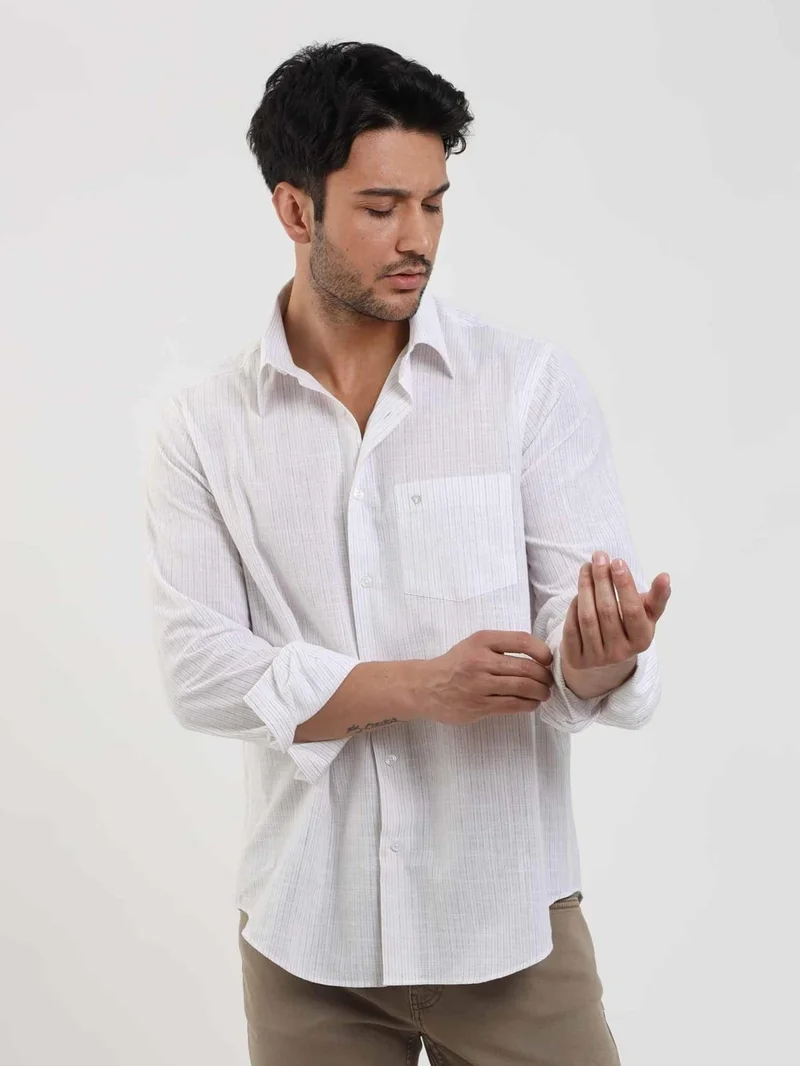 دوفي Beige Men's Regular Fit Striped Brent Button Collar Long Sleeve Shirt - 104779