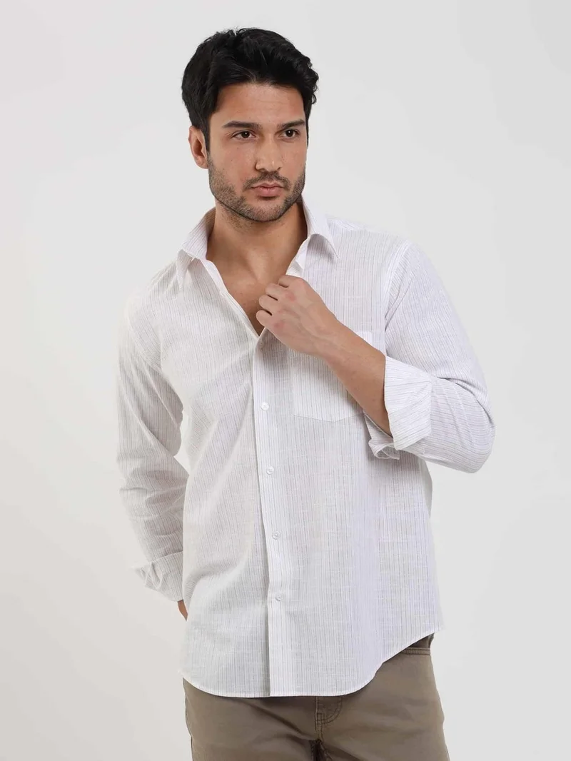دوفي Beige Men's Regular Fit Striped Brent Button Collar Long Sleeve Shirt - 104779