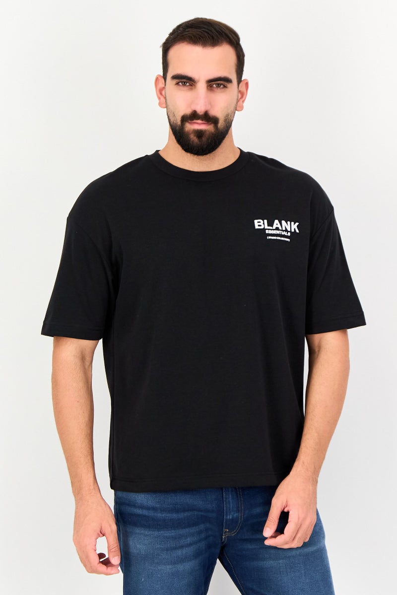 Blank Essentials Men Crew Neck Short Sleeve Brand Logo T-Shirt, Black - Image 1