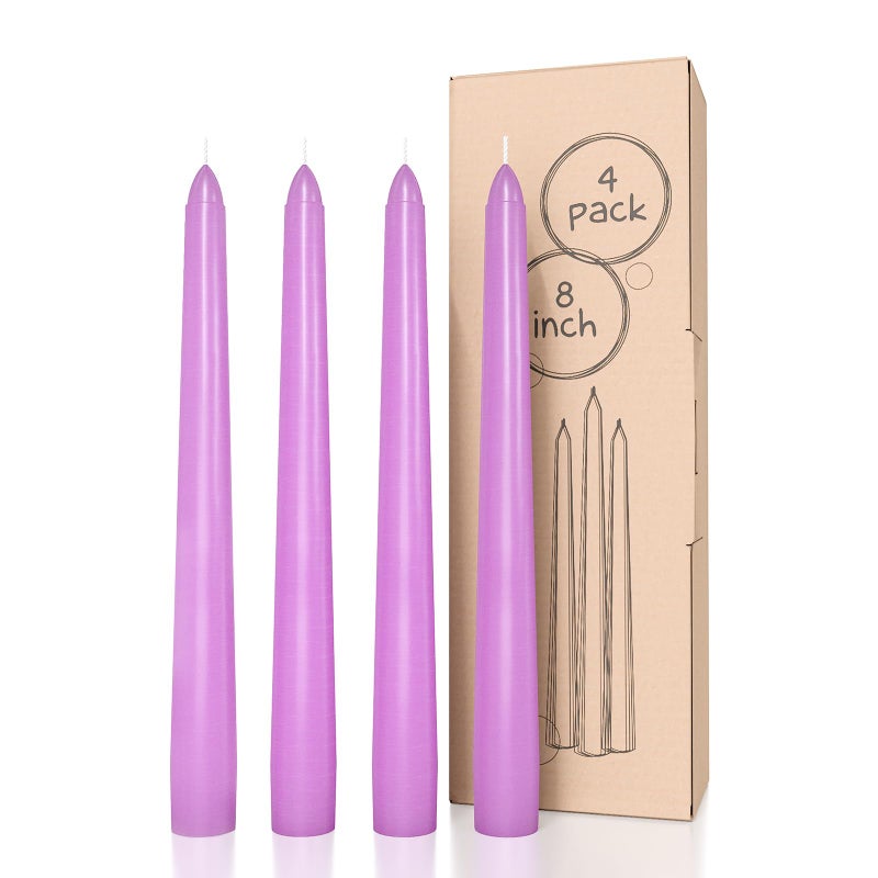 CANDWAX 8 inch Taper Candles  Set of 4 Dripless Unscented Lavender Dinner Household Candles