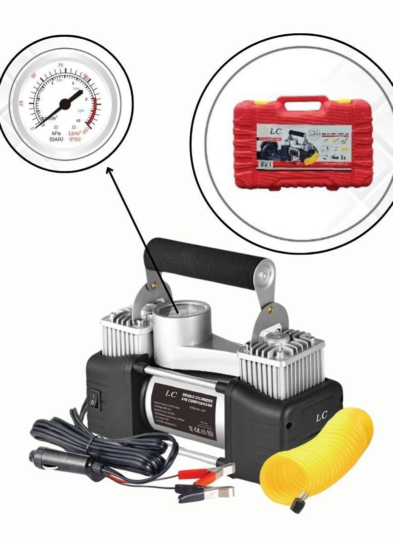LC Portable Air Compressor DC 12V with 3M Hose – Dual Cylinder Tire Inflator for Car, Bike and Camping - Image 1