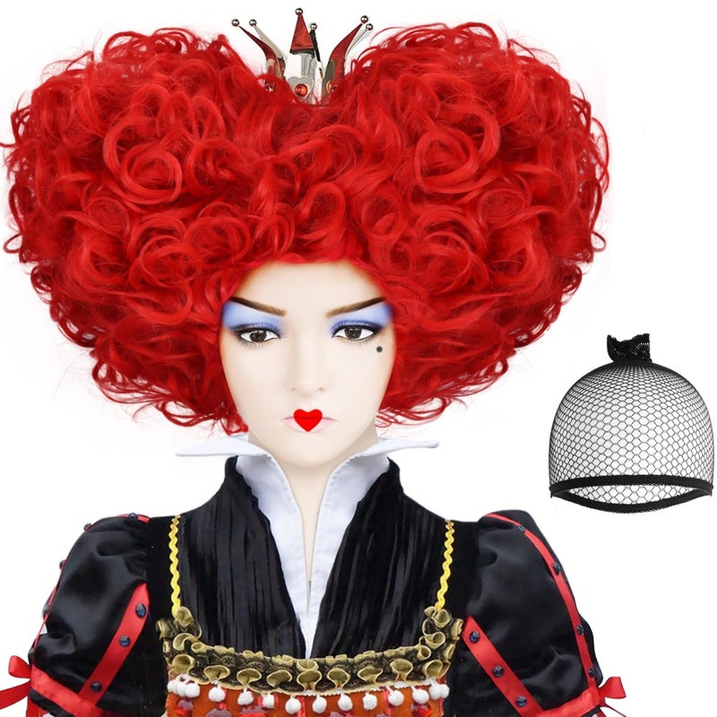 ANOGOL Hair Cap Red Heart Bun Beehive Wig for Red Queen Wig Women Prestyled Short Curly Red Wigs for Anime Synthetic Hair for Heart Queen Costume Cosplay Wig For Movie Halloween Party