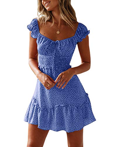 YOBECHO Womens Summer Ruffle Sleeve Sweetheart Neckline Printing Dress Mini Dresses Blue - Image 1