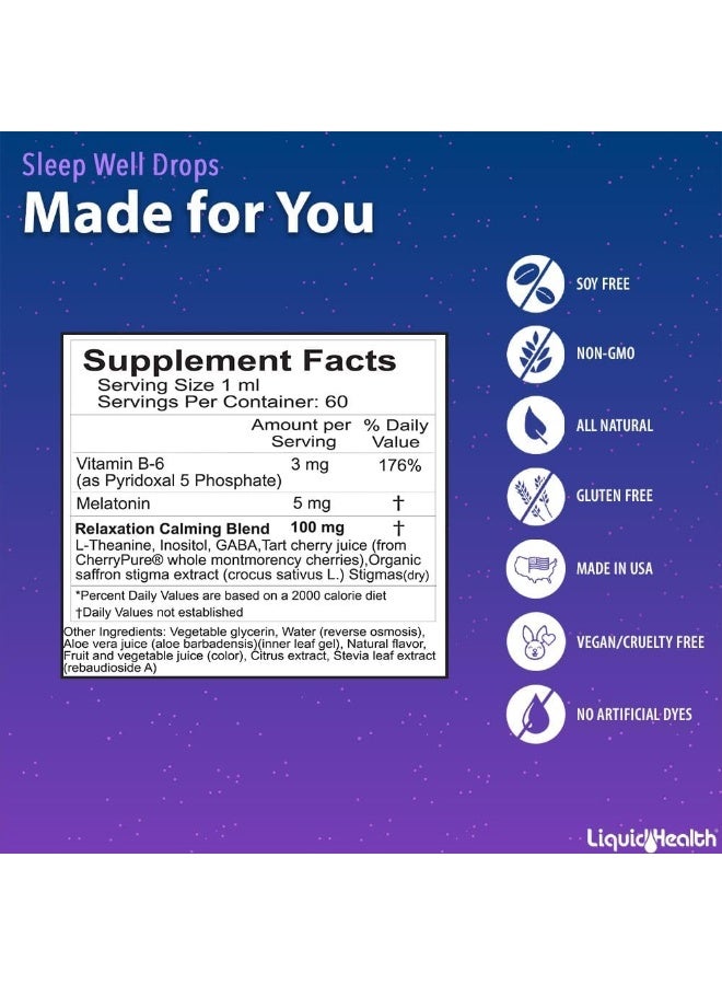 LIQUIDHEALTH Sleep Well 2 Oz Liquid Melatonin 5 mg, L-Theanine Supplement & Natural Sleep Aid, Fall Asleep Faster, Stay Asleep Longer, 100% Drug and Gelatin Free, Sugar Free, Non-GMO Sleep Spray Drops - Image 4