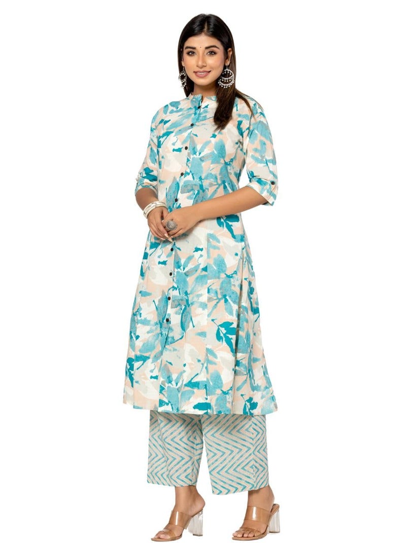 rytras Women's Cotton Printed A-Line Kurta with Palazzo Pant Set(RYT582,L) Blue - Image 3