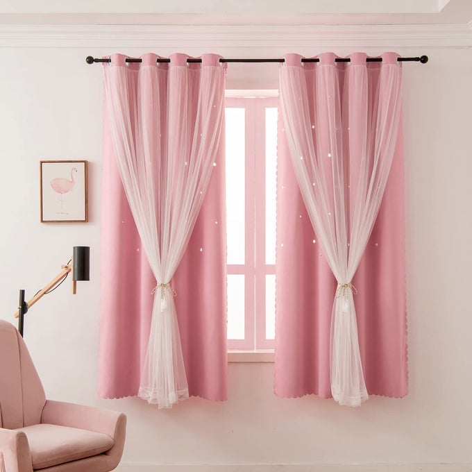 GIRLS CURTAINS FOR LIVING ROOM BEDROOM CURTAINS DOUBLE LAYER BLACKOUT CURTAINS 63 INCH LENGTH STAR CUTOUT PINK CURTAIN WINDOW DRAPES FOR NURSERY PINK 42W X 63L2 PANELS