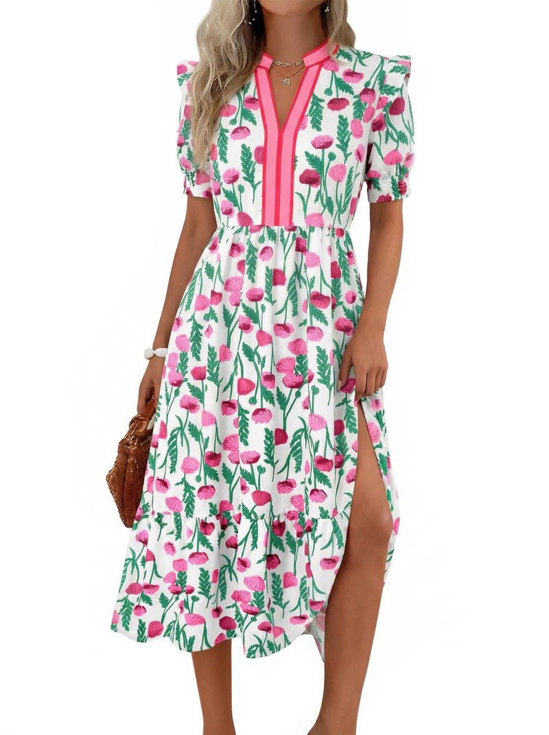 Wenrine Womens Summer Midi Dress Casual Floral Puff Short Sleeve V Neck Swing Flowy Boho Beach Dresses with Pockets White - Image 1