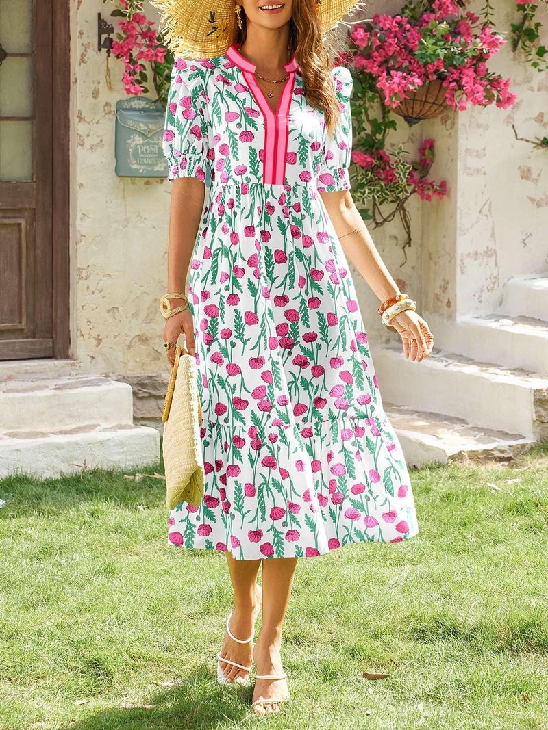 Wenrine Womens Summer Midi Dress Casual Floral Puff Short Sleeve V Neck Swing Flowy Boho Beach Dresses with Pockets White - Image 2