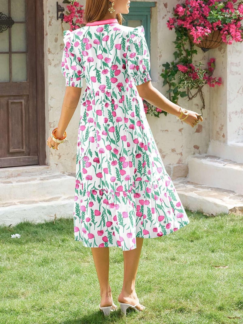 Wenrine Womens Summer Midi Dress Casual Floral Puff Short Sleeve V Neck Swing Flowy Boho Beach Dresses with Pockets White - Image 4