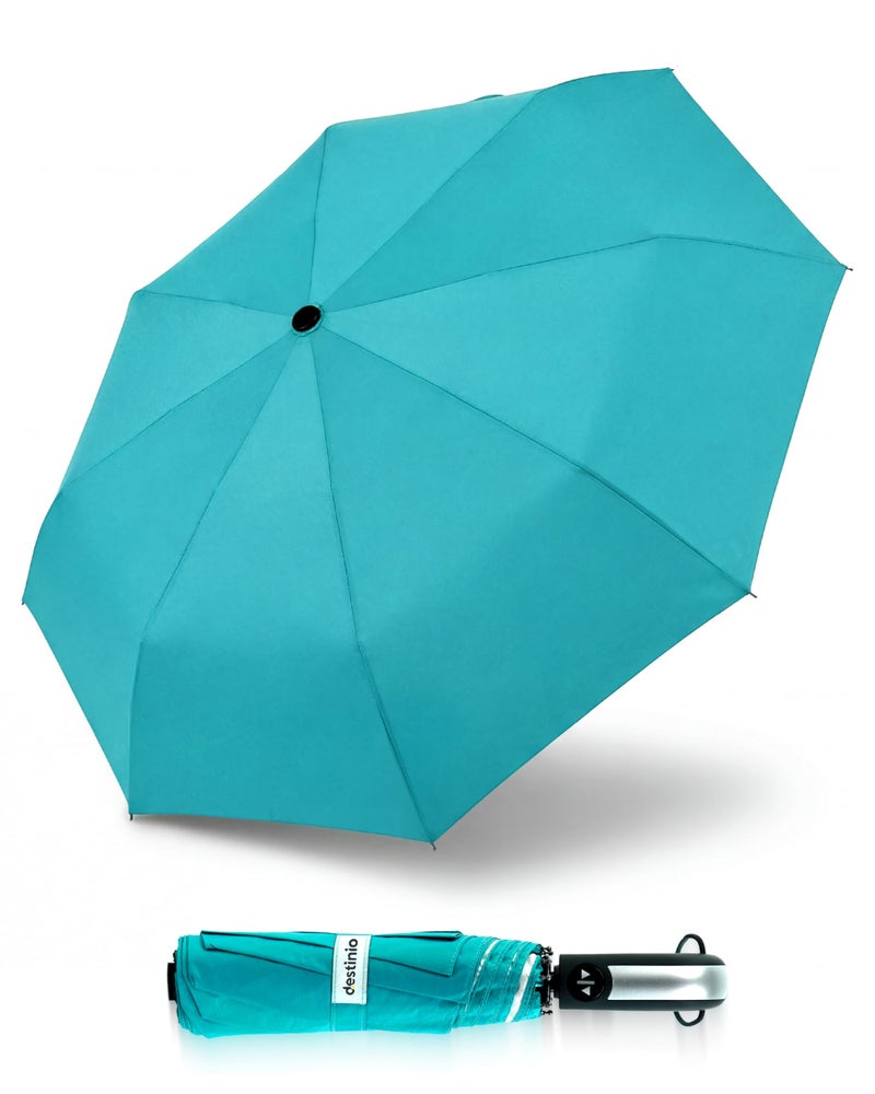 Destinio Umbrella for Man - Size 21 inch, Fully Automatic, Windproof Fibreglass Ribs, UV Coating Sun Protection, Premium 210T Pongee, Foldable Umbrella for Rain with Travel Cover for Men and Women - 3 fold Compact Easy to Carry, Teal Blue (Auto Open Auto Close) - Image 1