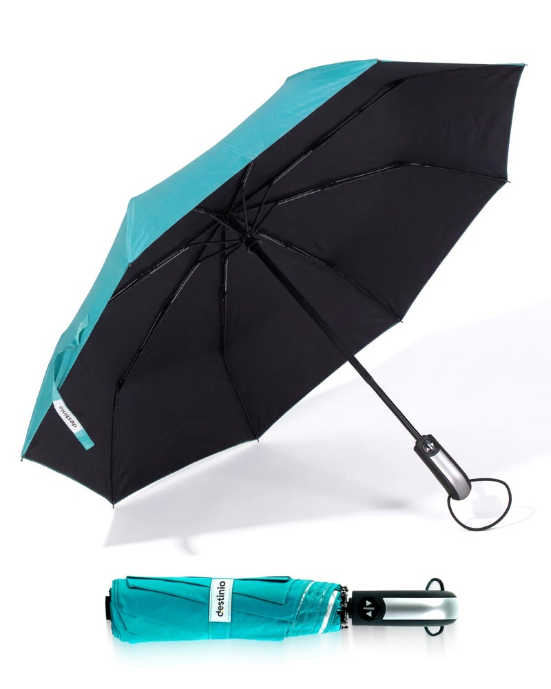 Destinio Umbrella for Man - Size 21 inch, Fully Automatic, Windproof Fibreglass Ribs, UV Coating Sun Protection, Premium 210T Pongee, Foldable Umbrella for Rain with Travel Cover for Men and Women - 3 fold Compact Easy to Carry, Teal Blue (Auto Open Auto Close) - Image 2