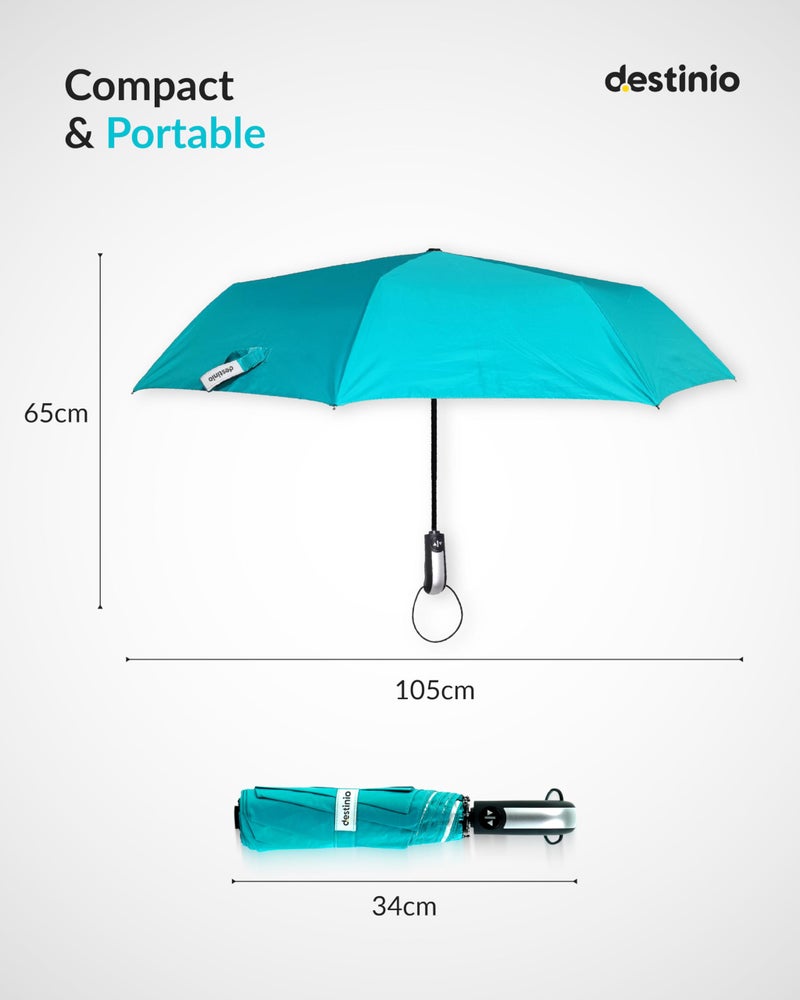 Destinio Umbrella for Man - Size 21 inch, Fully Automatic, Windproof Fibreglass Ribs, UV Coating Sun Protection, Premium 210T Pongee, Foldable Umbrella for Rain with Travel Cover for Men and Women - 3 fold Compact Easy to Carry, Teal Blue (Auto Open Auto Close) - Image 4