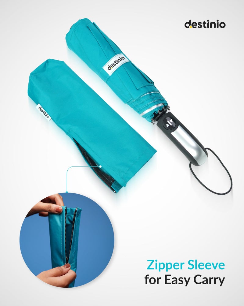 Destinio Umbrella for Man - Size 21 inch, Fully Automatic, Windproof Fibreglass Ribs, UV Coating Sun Protection, Premium 210T Pongee, Foldable Umbrella for Rain with Travel Cover for Men and Women - 3 fold Compact Easy to Carry, Teal Blue (Auto Open Auto Close) - Image 3