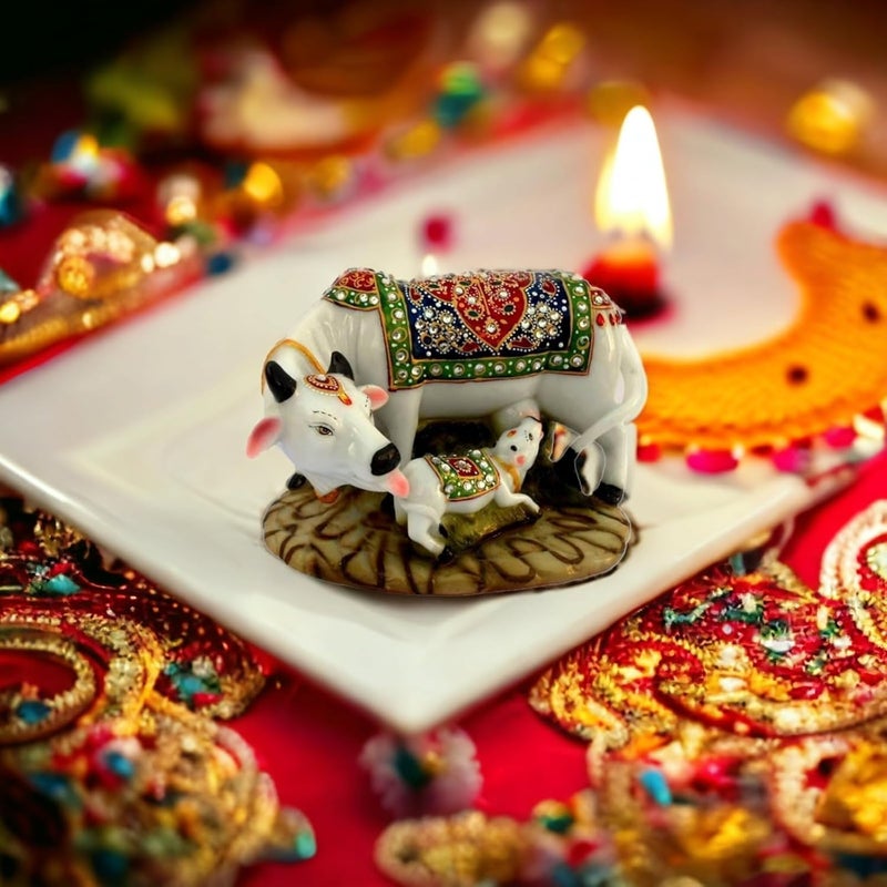 IMAGICART Decorative Marble Dust Cow Calf Showpiece Handicraft Gift Item Resin Cow Statue Regular Quality - Image 3