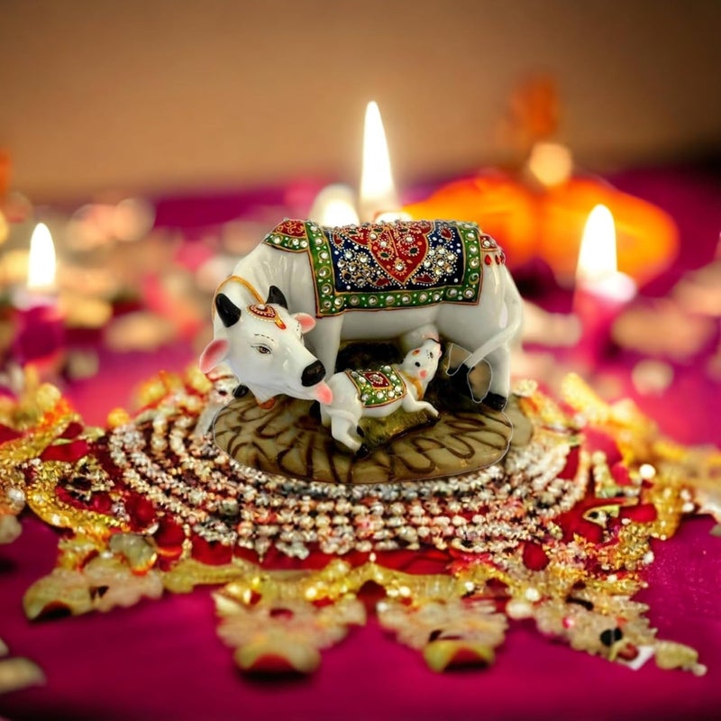 IMAGICART Decorative Marble Dust Cow Calf Showpiece Handicraft Gift Item Resin Cow Statue Regular Quality - Image 2