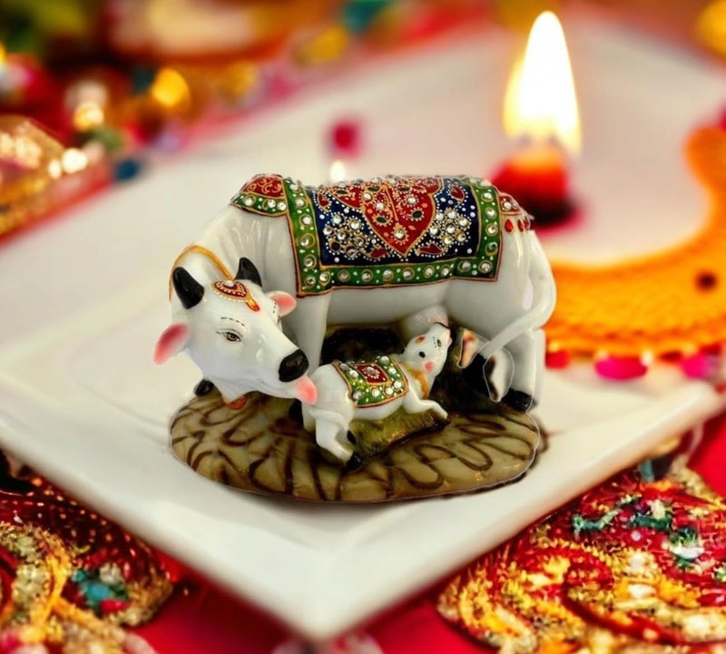 IMAGICART Decorative Marble Dust Cow Calf Showpiece Handicraft Gift Item Resin Cow Statue Regular Quality - Image 1