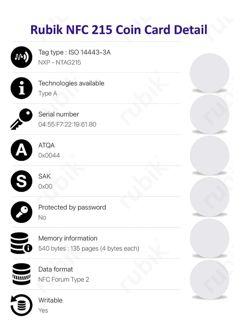 Rubik - NFC 215 Cards, NTAG215 Rewritable NFC Coin Card Tag Compatible with Tagmo Amiibo and NFC Enabled Mobile Phones and Devices (Round Ntag 215 - 10 Cards) - Image 1