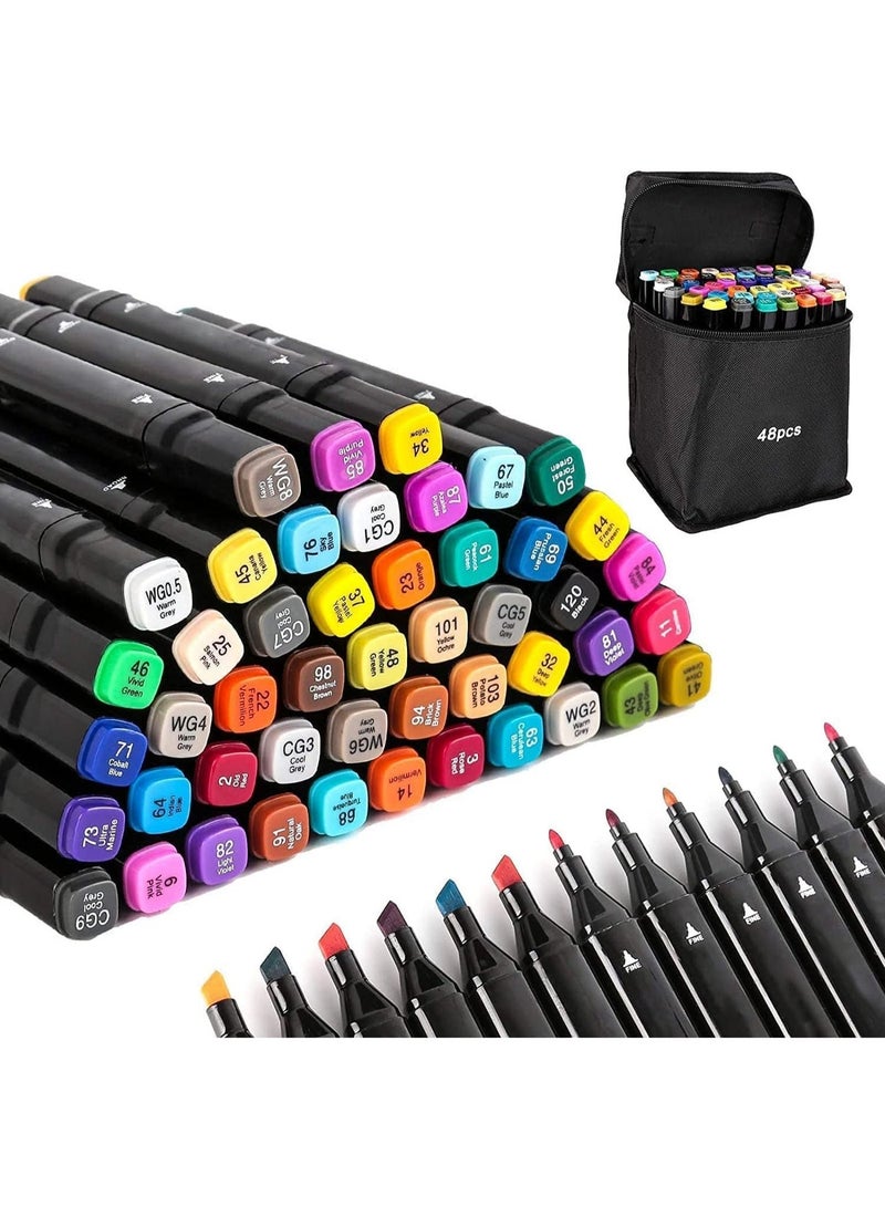ChicAbode 48 Colors Markers Set, Dual Tip Art Markers, Coloring Marker Set, With Storage Bag, 6mm Thick Head and 1mm Thin Head, for Kids, Adult, Artist, Drawing Sketching and Card Making - Image 1