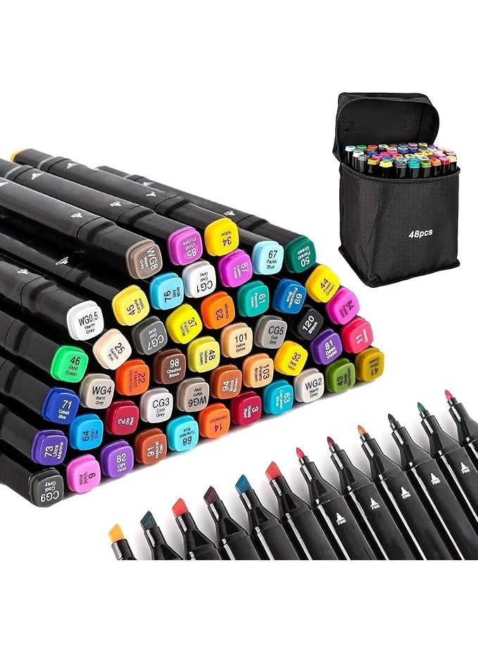 ChicAbode 48 Colors Markers Set, Dual Tip Art Markers, Coloring Marker Set, With Storage Bag, 6mm Thick Head and 1mm Thin Head, for Kids, Adult, Artist, Drawing Sketching and Card Making - Image 1