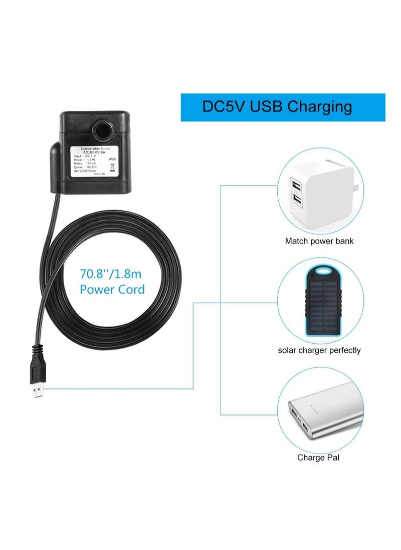 SYOSI - SYOSI Mini USB Fountain Pump Compact Submersible Pumps Efficient Water Pump Quiet Outdoor Small Pond Pump for Small Pond Fish Tank Long Cord 180L/H Black - Image 1