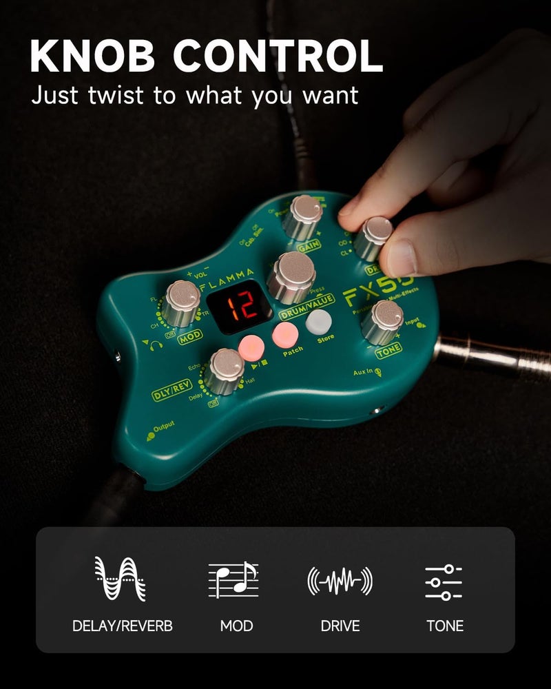FLAMMA FX50 Practice Guitar Pedal Multi Effects Pedal Mini Portable with 40 Drum Rhythms15 Effects 32 Patches Tuner Function Support Both Corded and Battery Powered - Image 3