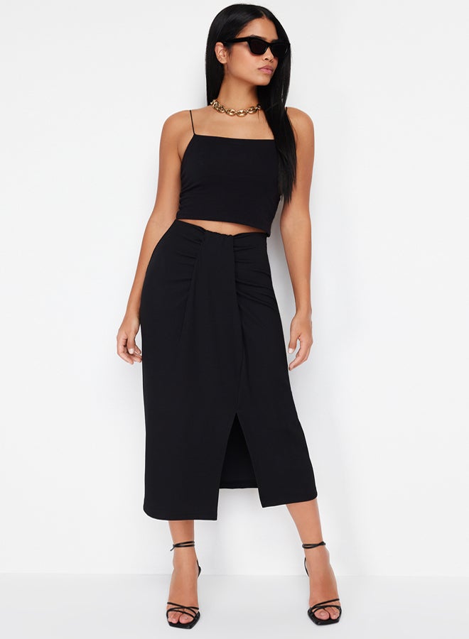 trendyol Black Twisted Wrap Body-Smoothing Flexible Knitted Midi Skirt - Image 2