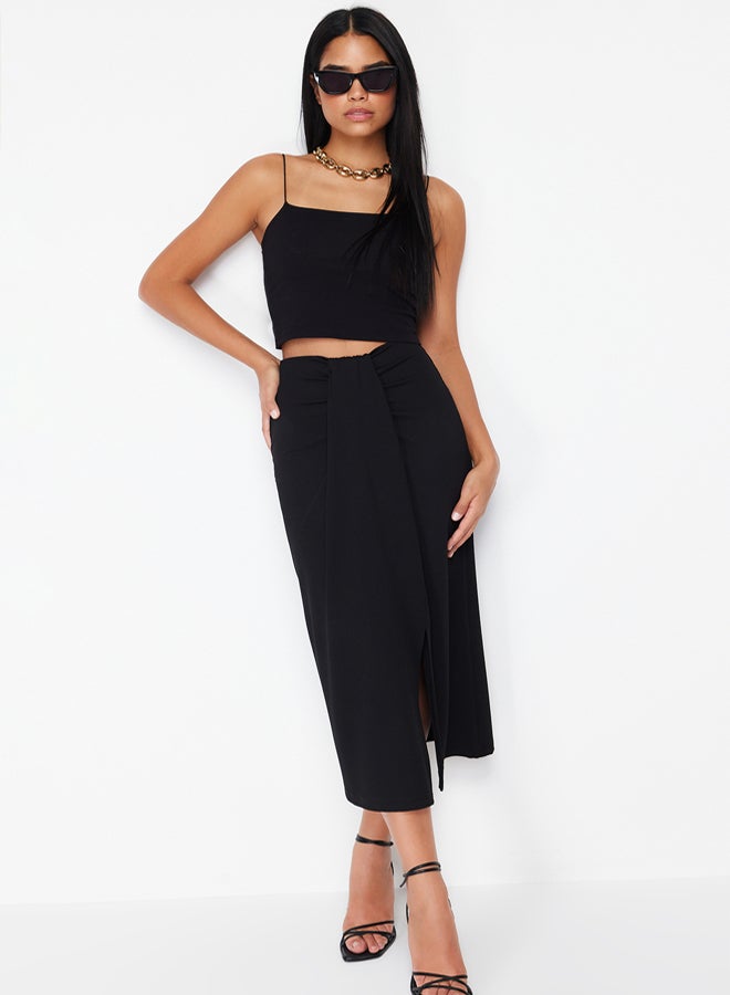 trendyol Black Twisted Wrap Body-Smoothing Flexible Knitted Midi Skirt - Image 1