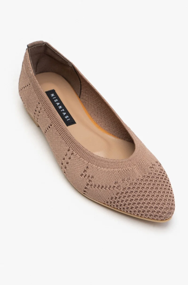Nişantaşı Shoes Betty Dark Beige Knitwear Patterned Flat Sole Women's Flat Shoes