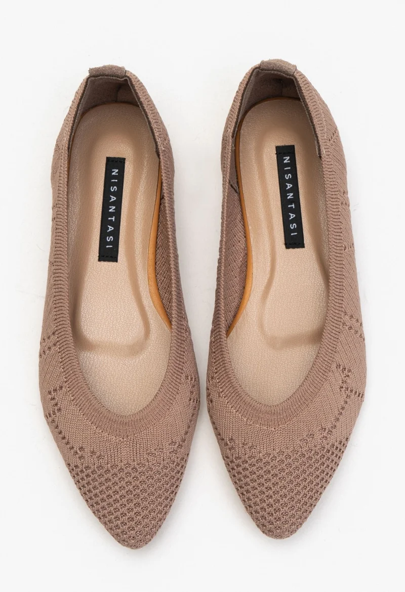 Nişantaşı Shoes Betty Dark Beige Knitwear Patterned Flat Sole Women's Flat Shoes
