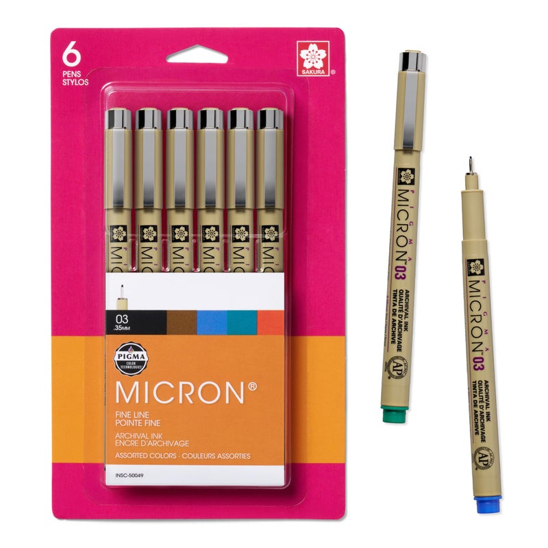 SAKURA Pigma Micron Fineliner Pens, 03 Tip Size, Archival Ass't Colors, 6 PK 50049 - Image 1