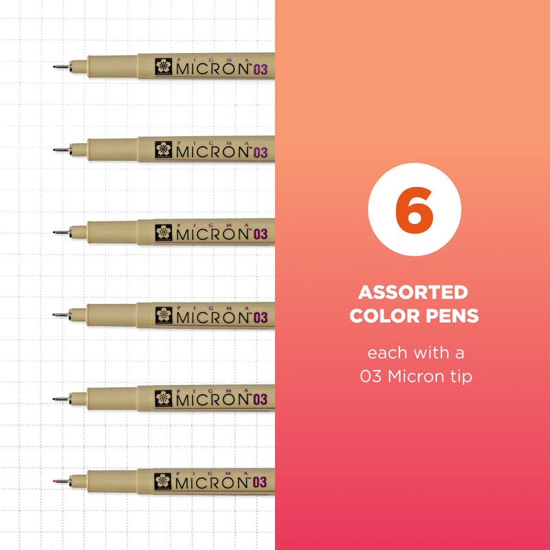 SAKURA Pigma Micron Fineliner Pens, 03 Tip Size, Archival Ass't Colors, 6 PK 50049 - Image 2