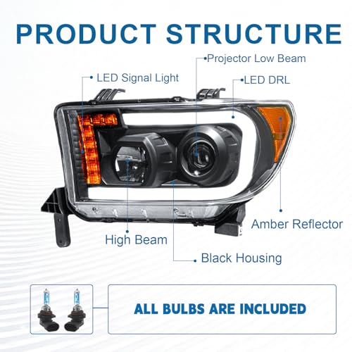 Fullux Headlights Projector for 2007-2013 Toyota Tundra Headlights w/LED DRL Compatible with 2008-2017 Toyota Sequoia 2 Headlamps Black Housing Amber Reflector - Image 3