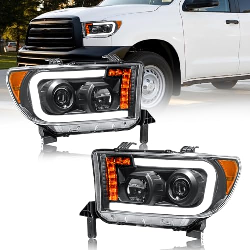 Fullux Headlights Projector for 2007-2013 Toyota Tundra Headlights w/LED DRL Compatible with 2008-2017 Toyota Sequoia 2 Headlamps Black Housing Amber Reflector - Image 1