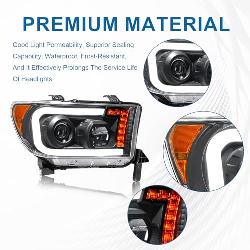 Fullux Headlights Projector for 2007-2013 Toyota Tundra Headlights w/LED DRL Compatible with 2008-2017 Toyota Sequoia 2 Headlamps Black Housing Amber Reflector - Image 5