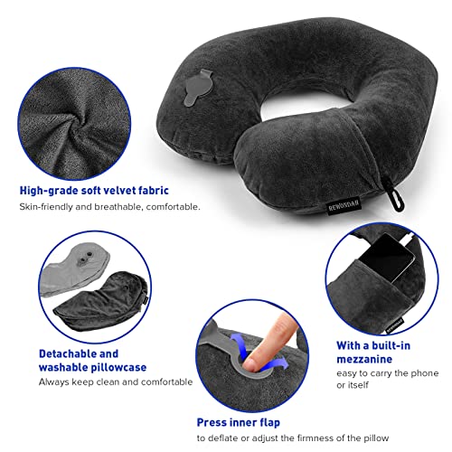 Rewondah Inflatable Travel Pillow, Inflatable Neck Pillow for Traveling Airplane, Travel Pillow with Soft Velour Washable Cover, U Shape Blow Up Neck Pillow for Airplanes Train Car Travel - Image 4