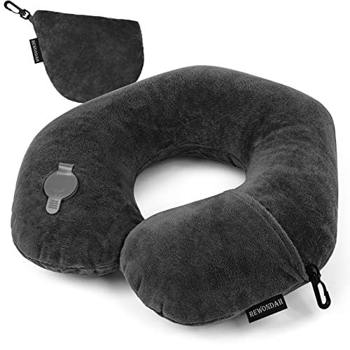 Rewondah Inflatable Travel Pillow, Inflatable Neck Pillow for Traveling Airplane, Travel Pillow with Soft Velour Washable Cover, U Shape Blow Up Neck Pillow for Airplanes Train Car Travel - Image 1