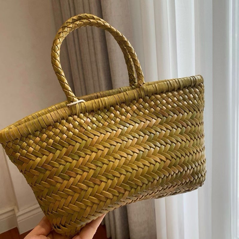French Retro Genuine Calfskin Leather Bucket Bag Handwoven Small - Image 2