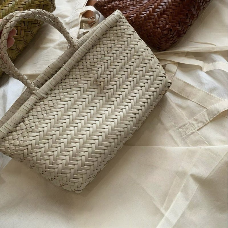 French Retro Genuine Calfskin Leather Bucket Bag Handwoven Small - Image 3