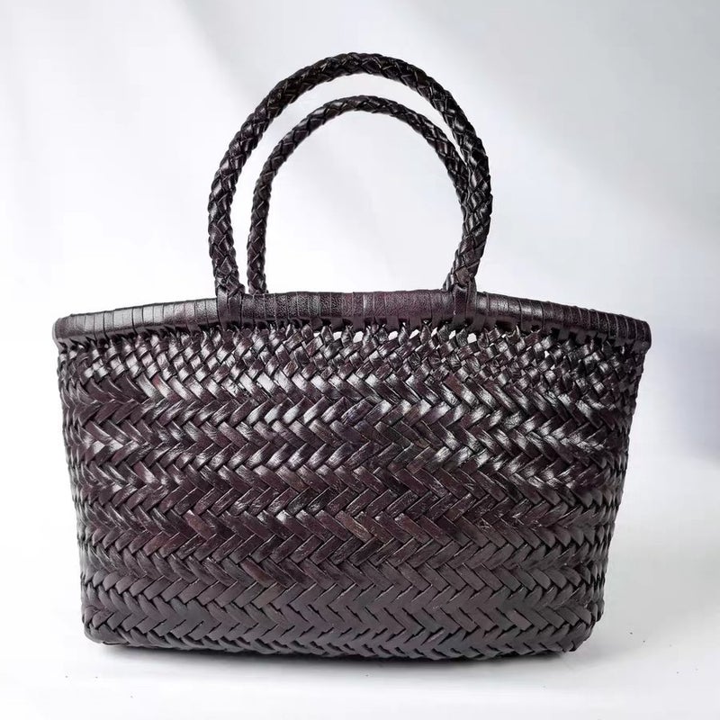 French Retro Genuine Calfskin Leather Bucket Bag Handwoven Small - Image 4